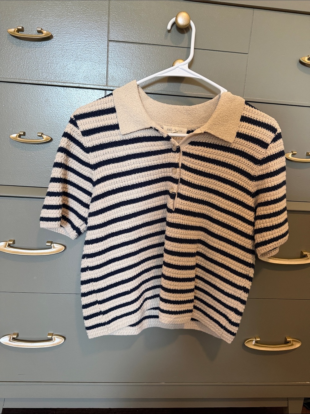 Shop Stevie Cream and Navy Striped Knit Polo